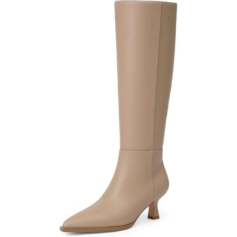 Women's Nude Pu Kitten Low Heel Toe Side Zipper Long Tall Knee High Boots